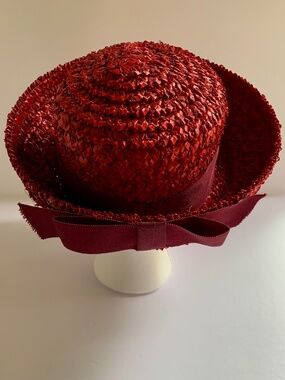 Vintage 1950s Red Breton Straw Hat Union Made Wide Brim Derby Medium